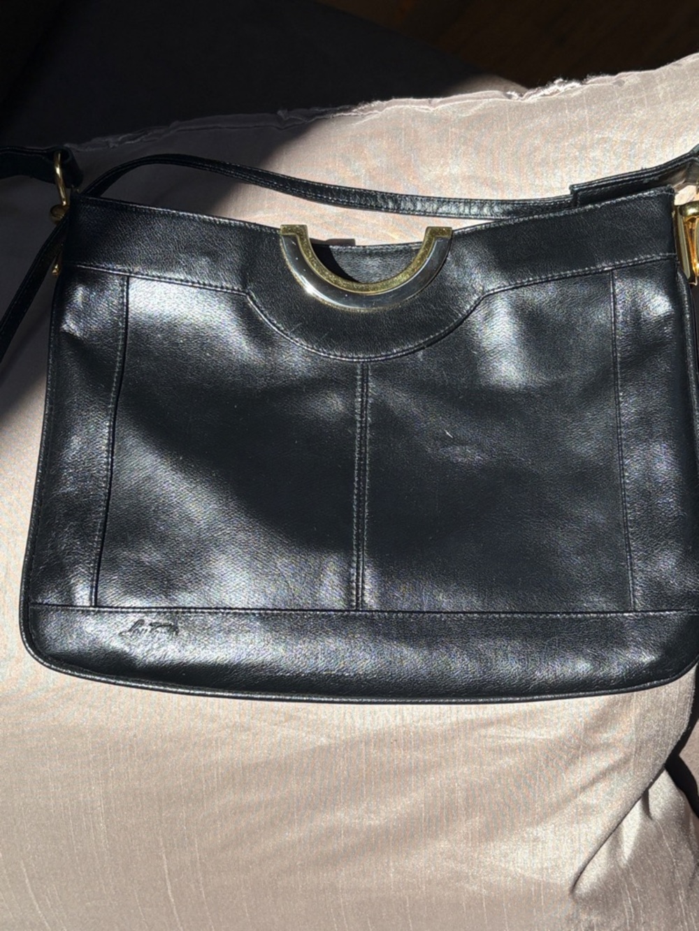 Vintage Lou TaylorLeather Crossbody Bag with Gold Accent interior swivel mirror